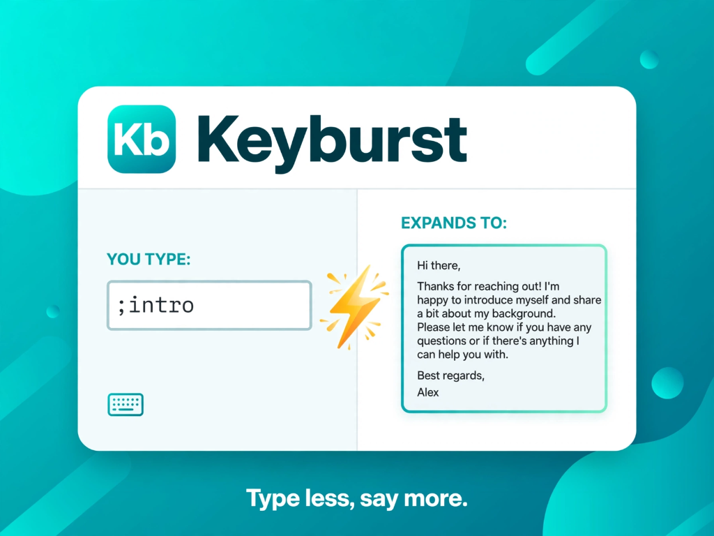 Keyburst - Type less, say more. Live shortcut demonstration card.